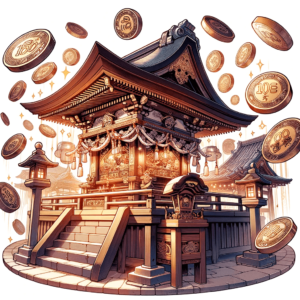 神社の大きな賽銭箱を中心に浮かぶ100円硬貨が特徴的な伝統的な日本の神社のアニメ風イラスト。