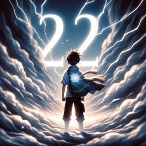 エンジェルナンバー222が人生の困難を克服する概念を反映した画像：嵐の中で不屈の姿勢を見せるアニメキャラクターと、保護的な盾として現れる222の数字が描かれています。
