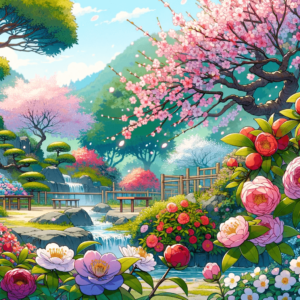 日本の初春の花々を描いたアニメスタイルのイラストです。落ち着いた日本の庭園に設定されており、満開の梅の花とツバキが平和と春の到来を伝えています。庭園は静かで美しく造園されており、花々の鮮やかな色と繊細な美しさに焦点を当てています。