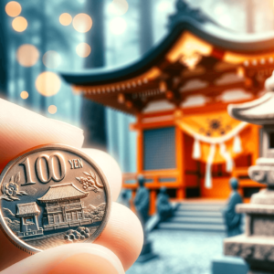 アニメスタイルで精巧に描かれた100円硬貨のクローズアップ。背景にはぼやけた神社と賽銭箱が描かれている。