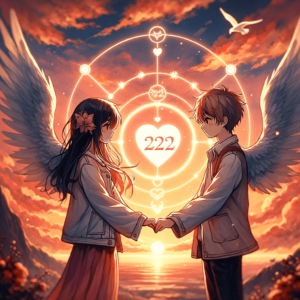 ロマンチックな関係におけるエンジェルナンバー222の概念を視覚化する画像：手をつなぐ二人のアニメキャラクターと彼らの間にあるハート形の222、ロマンチックな夕日を背景にした場面が描かれています。