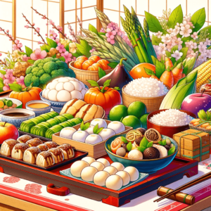 初春に関連する伝統的な日本の食べ物を描いたアニメスタイルのイラストです。新鮮な野菜、もち、お正月の美味しい料理などが、伝統的な日本の食卓に美味しそうに、視覚的に魅力的に盛り付けられています。日本の料理の本質と初春の新鮮さを捉えたシーンです。