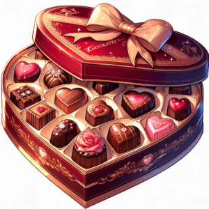 ハート形のチョコレートボックス: 豪華なデザインのハート形のチョコレートボックスを開いて、様々なチョコレートが見える様子を描いたアニメスタイルのイラスト。