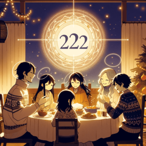 家族関係の調和を視覚化するエンジェルナンバー222の概念の画像：温かく調和のとれた家族の集まりと、シーンに巧妙に組み込まれた222の数字が、家族内の統合と調和を象徴しています。