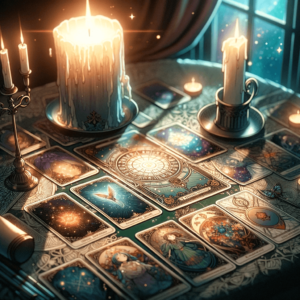 タロットの神秘的な世界 神秘的なテーブルに広がるタロットカードのイラスト。ろうそくの柔らかな光が演出しています。