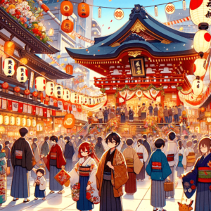 神社での日本の伝統的な新年のイベントを描いたアニメスタイルのイラストです。伝統的な衣装を着た人々が祝賀している賑やかなシーンで、新年の装飾に囲まれています。提灯、祭りの幟、伝統的な日本の建築などの要素を含め、新年のお祭りの楽しく活気ある雰囲気を強調しています。