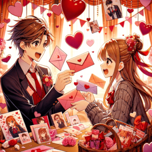 バレンタインデーカードの交換: 人々がバレンタインデーカードを交換する様子を、ハートやロマンチックなモチーフが背景にあるアニメスタイルのイラストで表現。