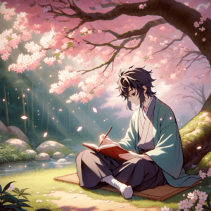 桜の木の下で日記を書く人物のイラスト。静かな自然の中での自己省察と個人的成長を象徴しています。