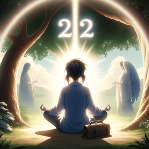 個人的な成長と霊性におけるエンジェルナンバー222の本質を捉えた画像：木の下で瞑想する人物と彼らの上に輝く222の数字、静かで霊的なオーラに囲まれた穏やかな場面が描かれています。
