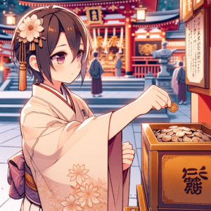 アニメスタイルで伝統的な日本の服装を着た人が神社で100円硬貨を賽銭箱に入れている様子を描いたイラスト。