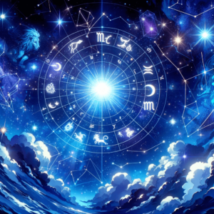 天体の神秘：星座のヴェールを脱ぐ 星座と黄道十二宮を芸術的に表現した星空のイラスト。