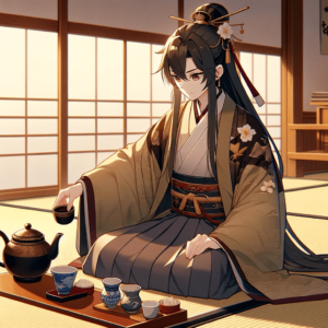 伝統的な日本の衣装を着て茶道などの文化活動に参加する人物のイラスト。ポスト厄年期における伝統的な習慣と慣行の重要性を表しています。