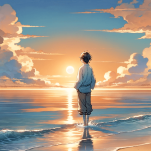 静かな海を見つめる人物のイラスト。夜明けの光が新しい始まりと内なる平和を象徴しています。