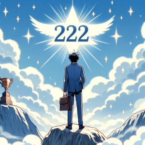 キャリアと仕事の成功におけるエンジェルナンバー222のテーマを象徴する画像：山の頂上に立つ自信に満ちた人物と空に輝く222の数字、キャリアの成果を象徴するブリーフケースやトロフィーが描かれています。