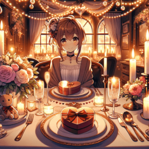 ロマンチックなバレンタインディナー: 二人用のテーブルがキャンドル、花、ハート形のギフトで飾られたロマンチックなバレンタインデイディナーシーンを描いたアニメスタイルのイラスト。