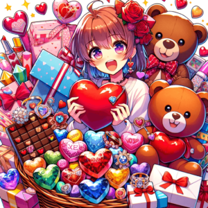 バレンタインデーのギフトコレクション: ハート形のチョコレート、テディベア、ラブレター、ジュエリーなど、バレンタインデーのギフトのバラエティを色鮮やかに描いたアニメスタイルのイラスト。